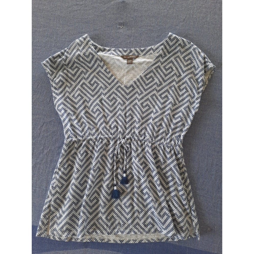 Tommy Bahama Navy White‎ Geometric Print Tassel Drawstring V-Neck Top Medium